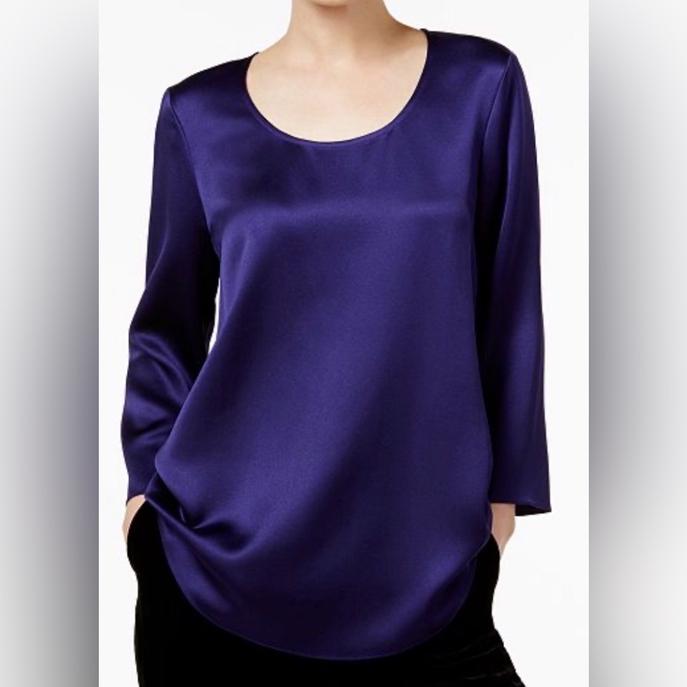Eileen Fisher Silk Charmeause Bateau Neck Tunic Top~S~Purple-runs big- 3/4sleeve